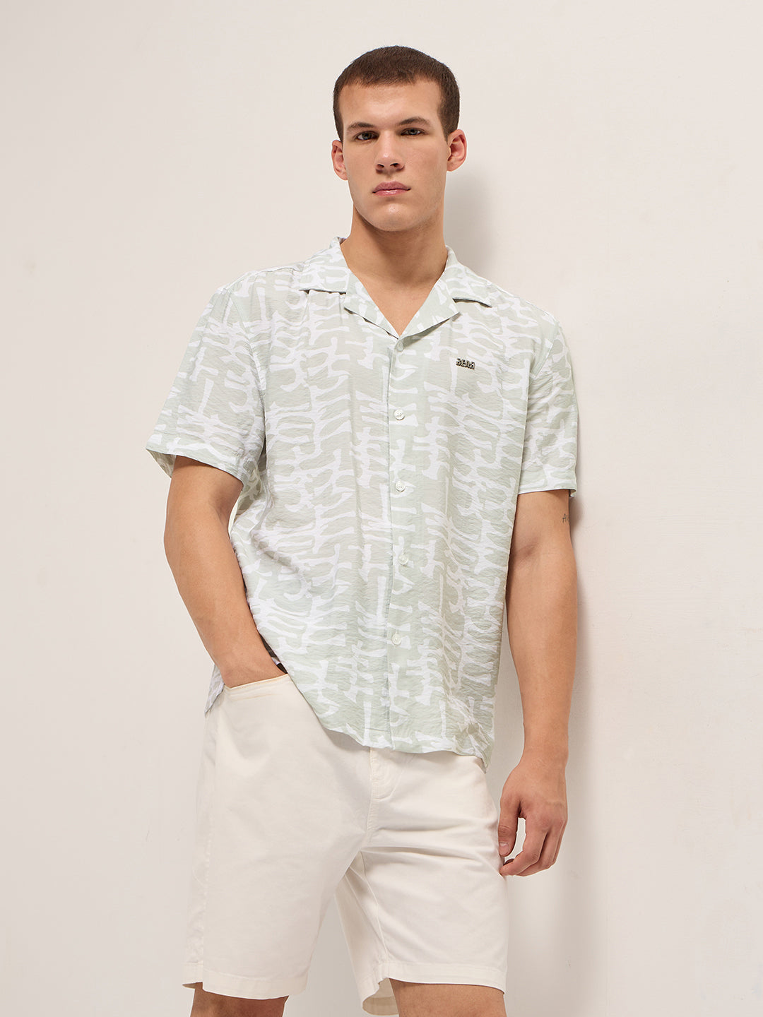 Light Green Abstract Brush Stroke Print Relaxed Fit Cuban Collar Shirt