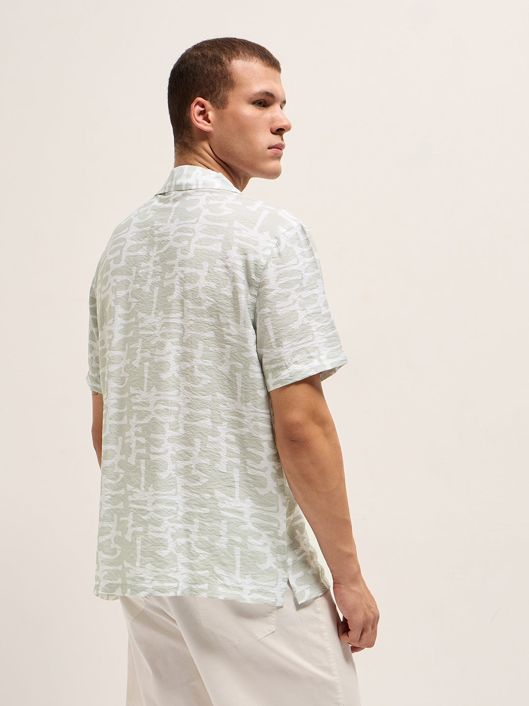 Light Green Abstract Brush Stroke Print Relaxed Fit Cuban Collar Shirt