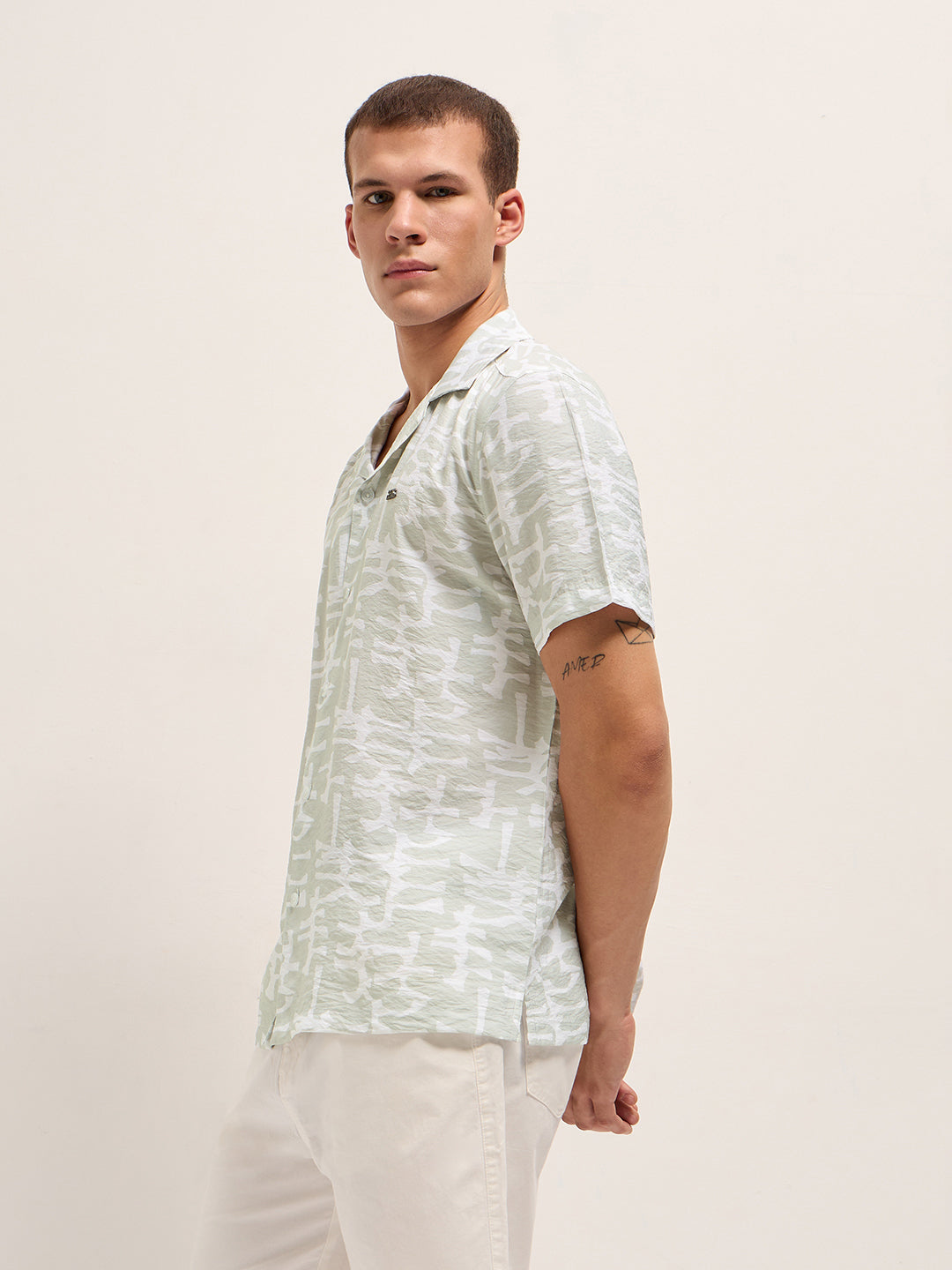 Light Green Abstract Brush Stroke Print Relaxed Fit Cuban Collar Shirt