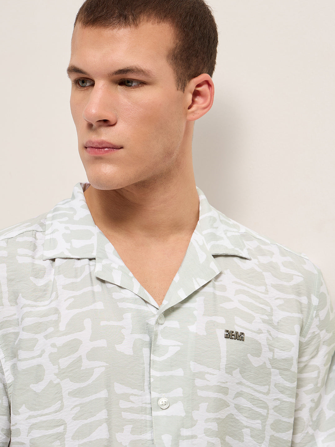Light Green Abstract Brush Stroke Print Relaxed Fit Cuban Collar Shirt
