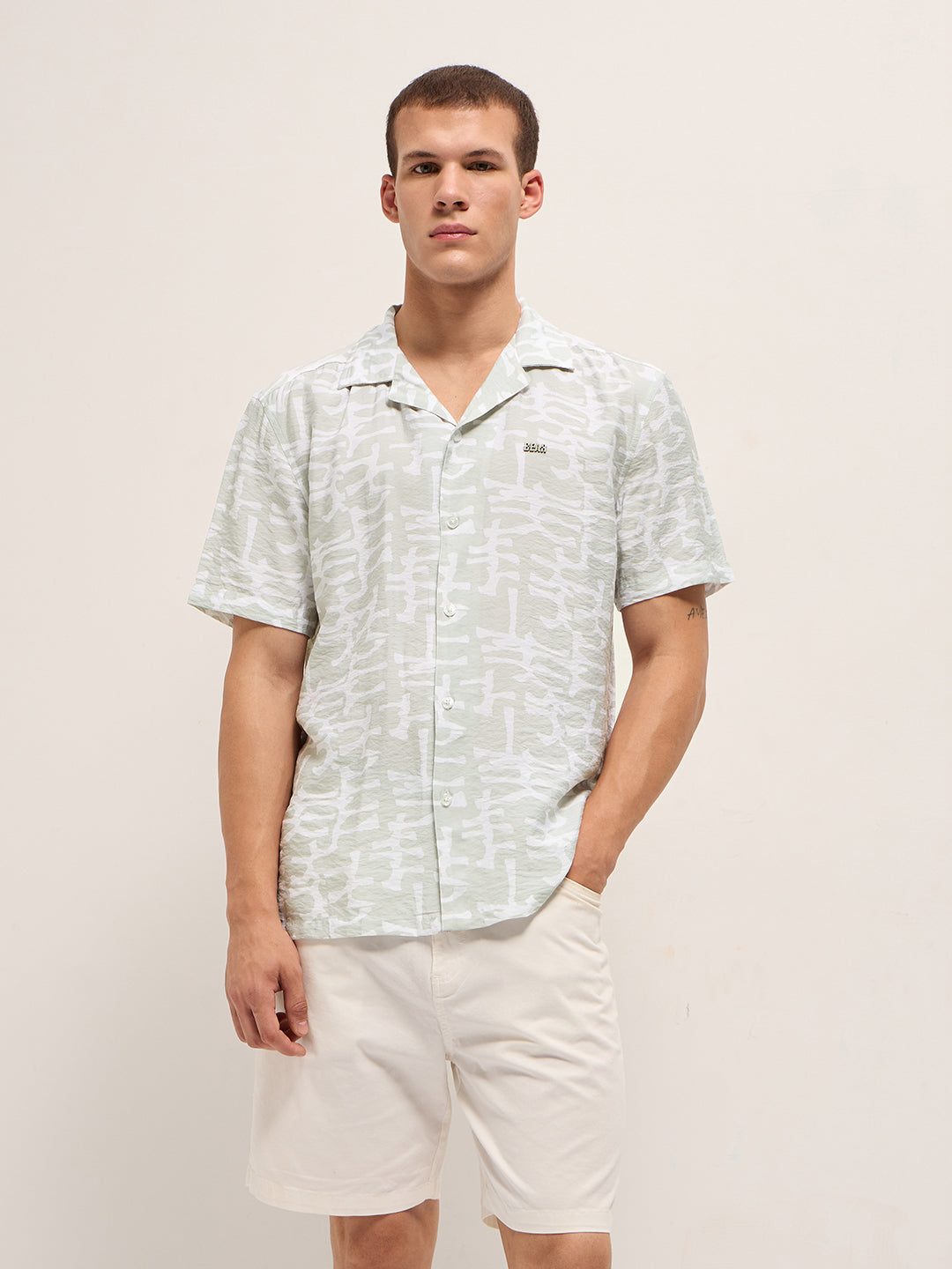 Light Green Abstract Brush Stroke Print Relaxed Fit Cuban Collar Shirt