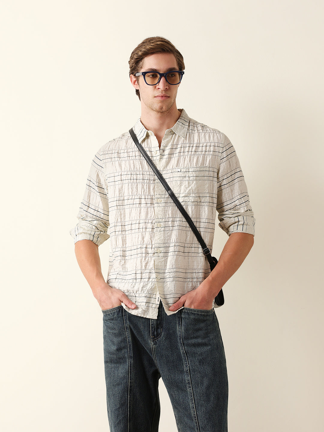 Cream Horizontal Crinkle Stripe Regular Fit Casual Shirt