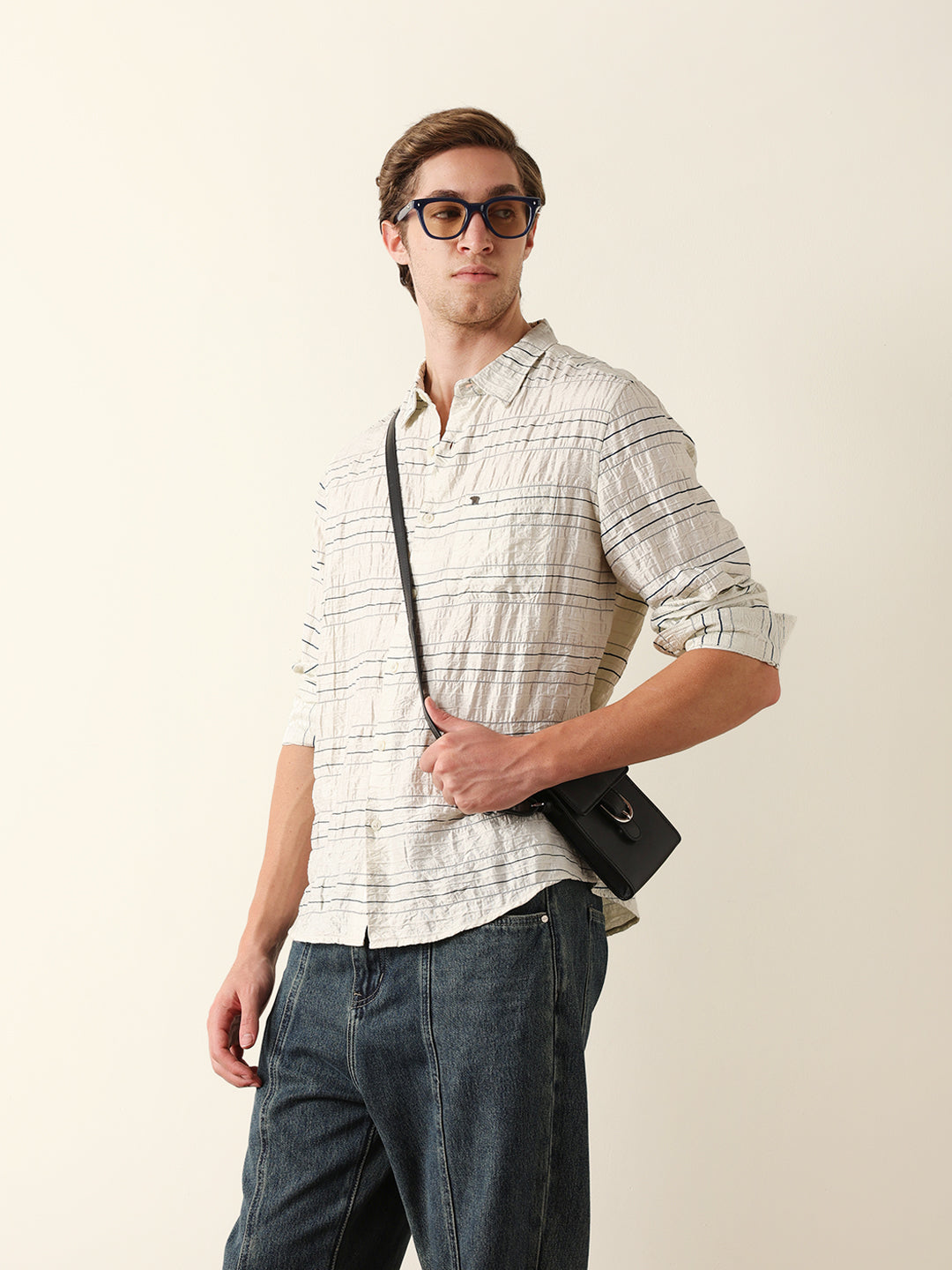 Cream Horizontal Crinkle Stripe Regular Fit Casual Shirt