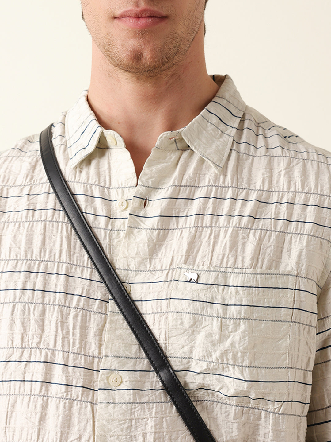Cream Horizontal Crinkle Stripe Regular Fit Casual Shirt