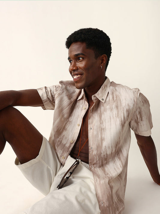 Beige & Cream Relaxed Fit Casual Shirt with Vertical Brushstroke Print
