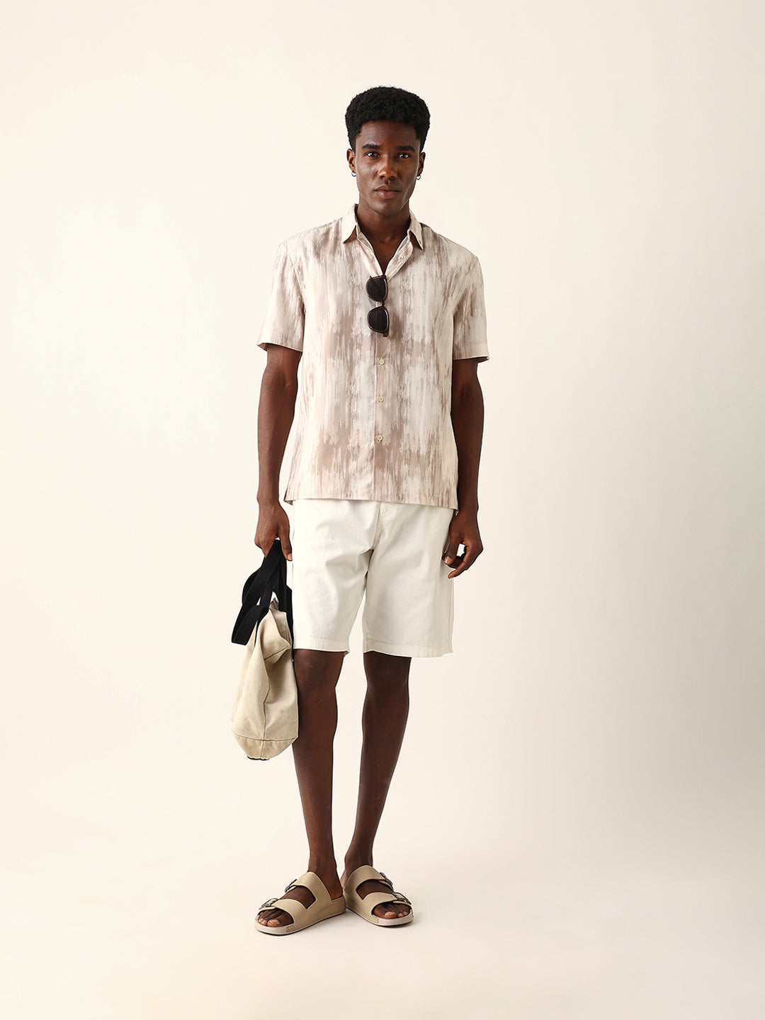 Beige & Cream Relaxed Fit Casual Shirt with Vertical Brushstroke Print