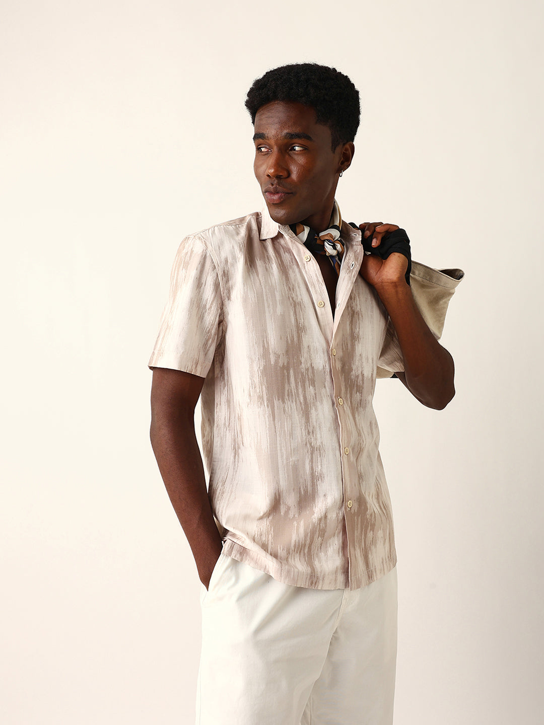 Beige & Cream Relaxed Fit Casual Shirt with Vertical Brushstroke Print
