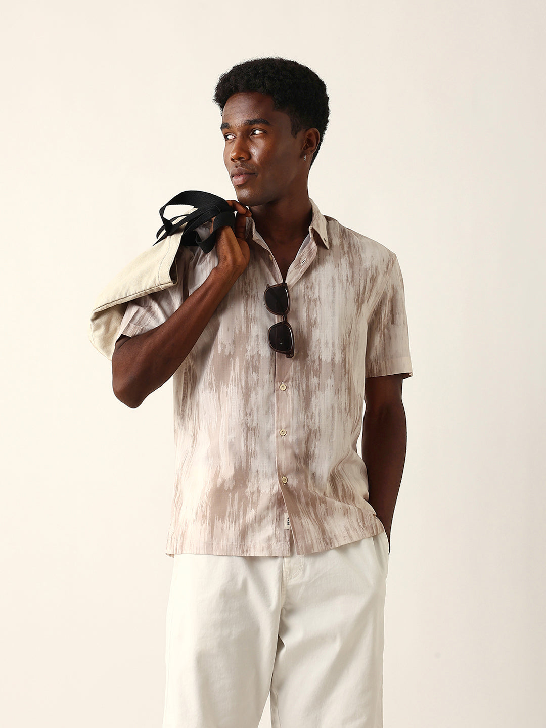 Beige & Cream Relaxed Fit Casual Shirt with Vertical Brushstroke Print