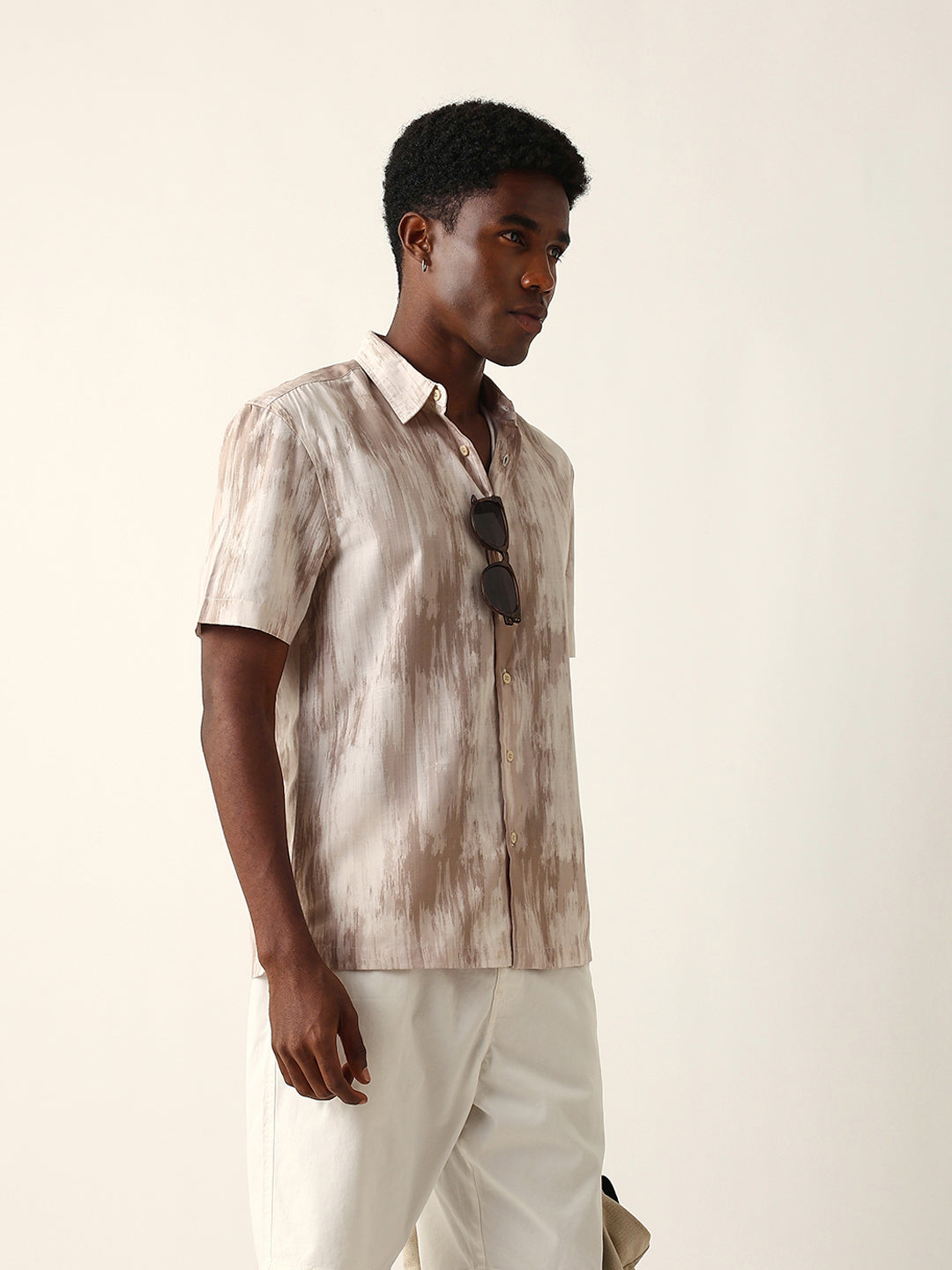 Beige & Cream Relaxed Fit Casual Shirt with Vertical Brushstroke Print