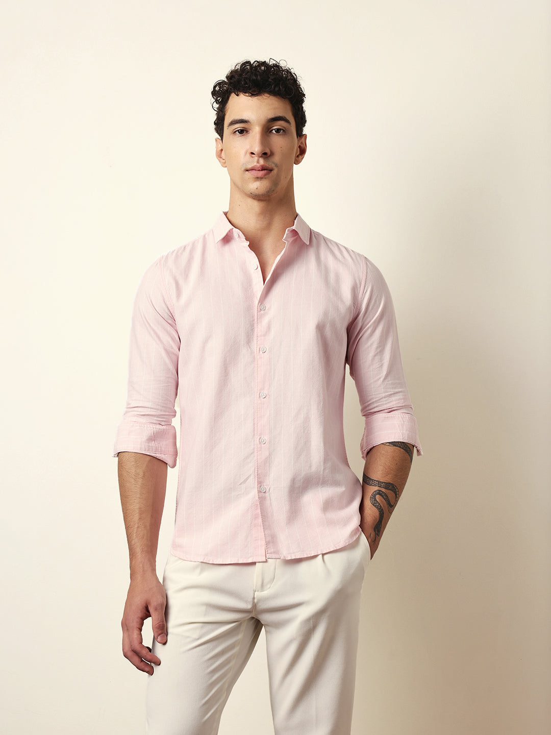 Pink Vertical Woven Stripe Slim Fit Casual Shirt