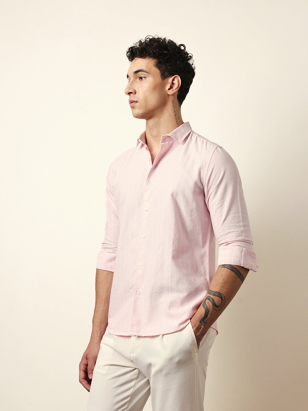 Pink Vertical Woven Stripe Slim Fit Casual Shirt