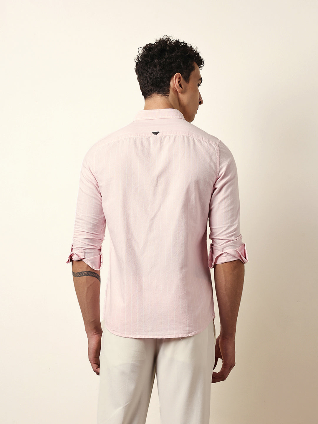 Pink Vertical Woven Stripe Slim Fit Casual Shirt