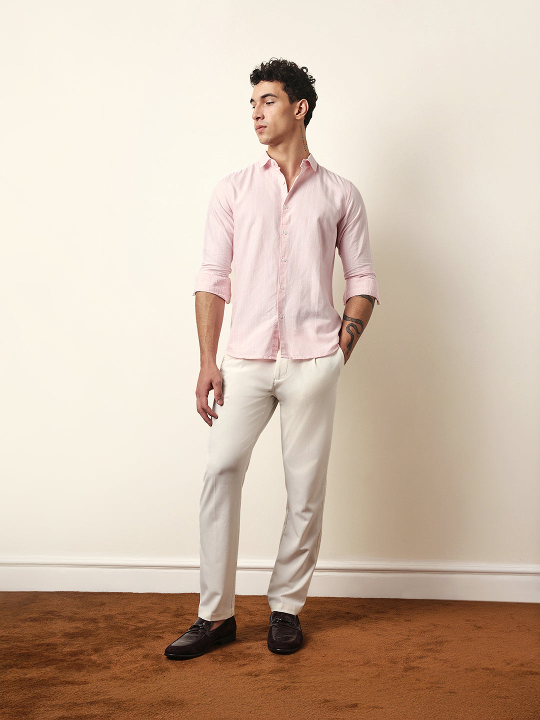 Pink Vertical Woven Stripe Slim Fit Casual Shirt