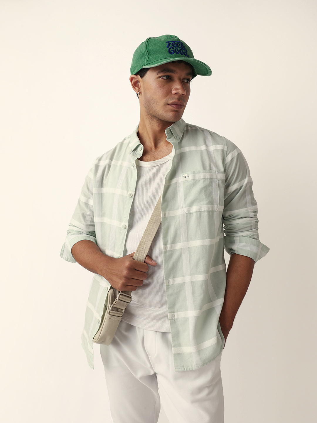 Light Green Woven Windowpane Check Slim Fit Casual Shirt