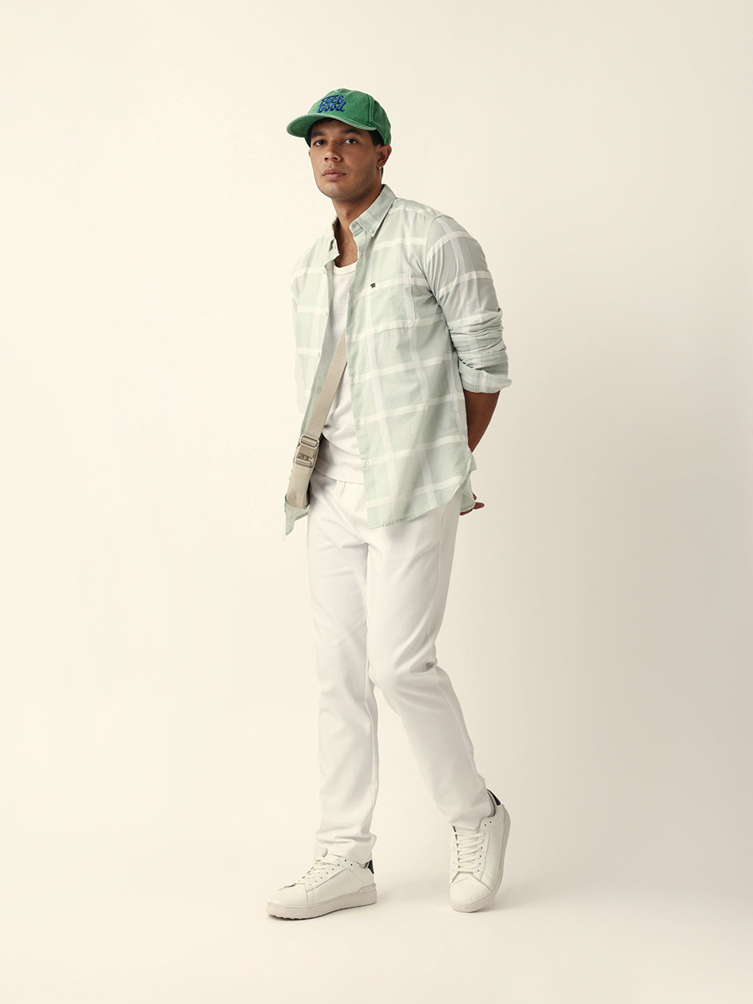 Light Green Woven Windowpane Check Slim Fit Casual Shirt