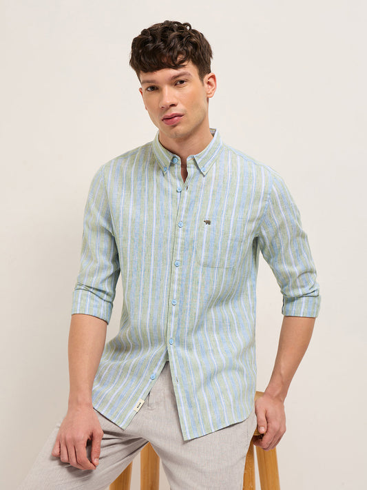 Blue & Green Slim Fit Vertical Striped Cotton Casual Shirt