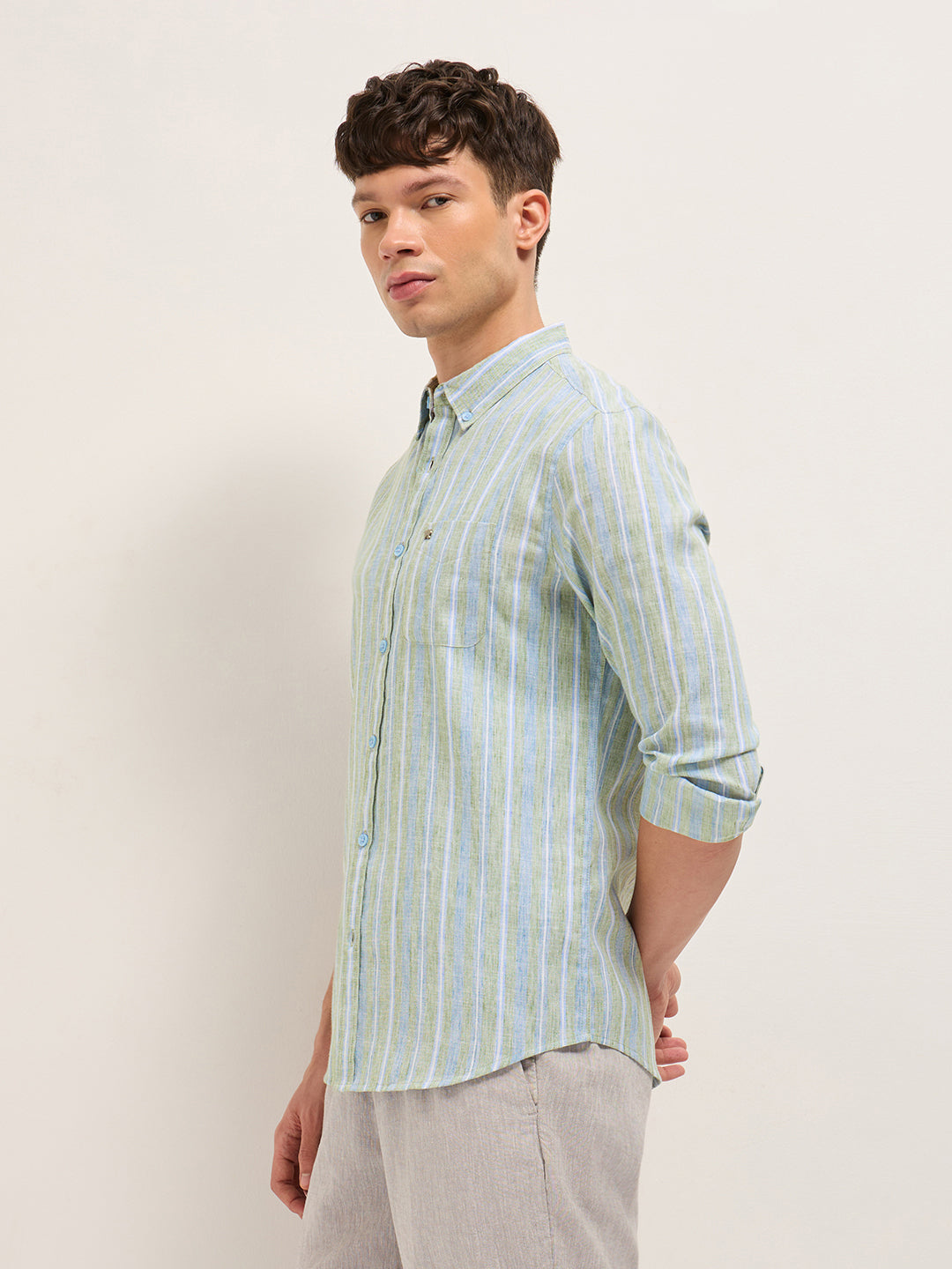 Blue & Green Slim Fit Vertical Striped Cotton Casual Shirt