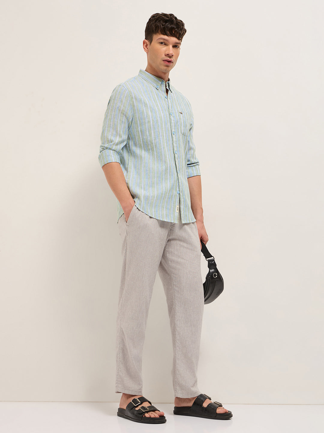 Blue & Green Slim Fit Vertical Striped Cotton Casual Shirt