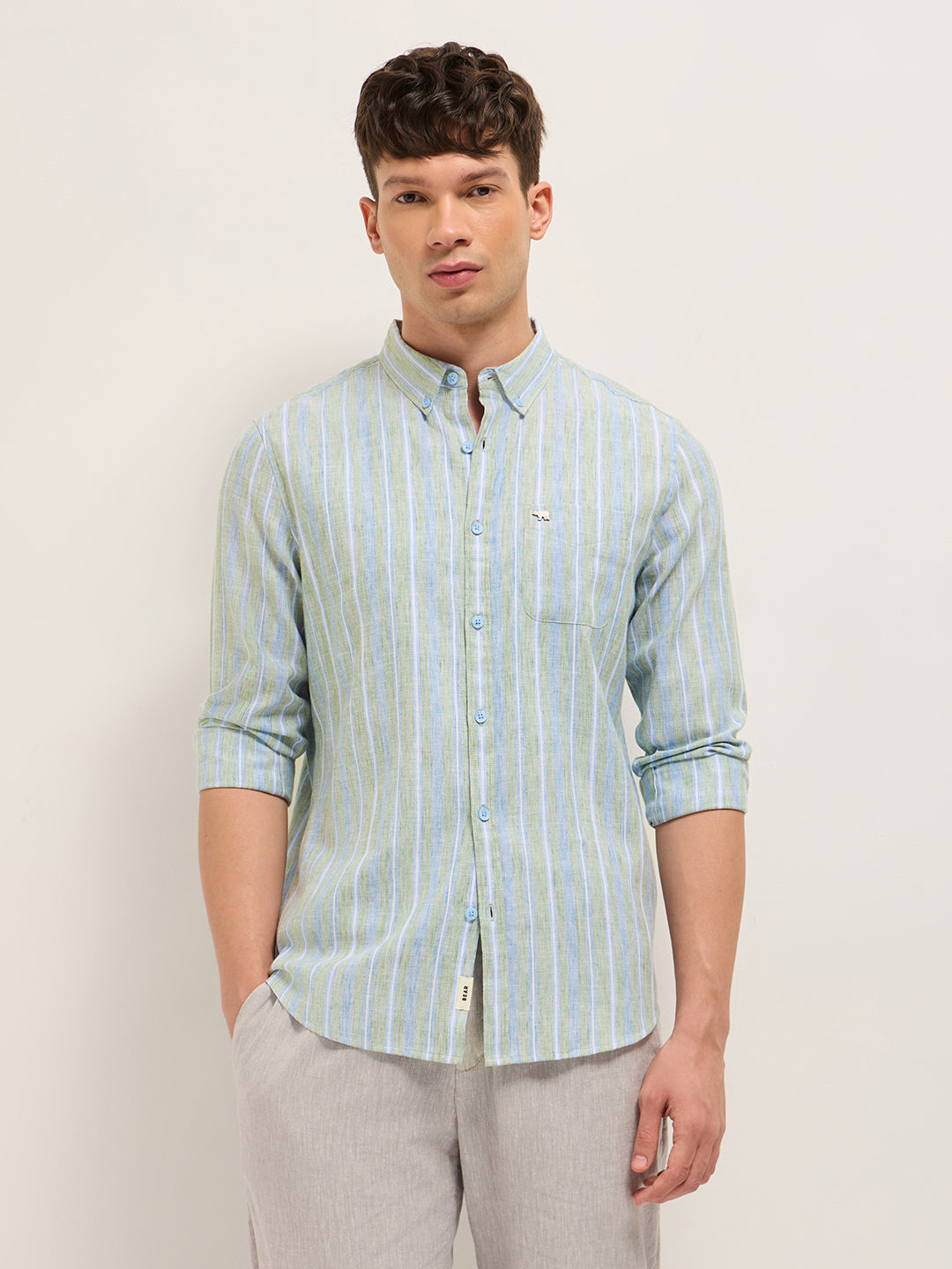 Blue & Green Slim Fit Vertical Striped Cotton Casual Shirt