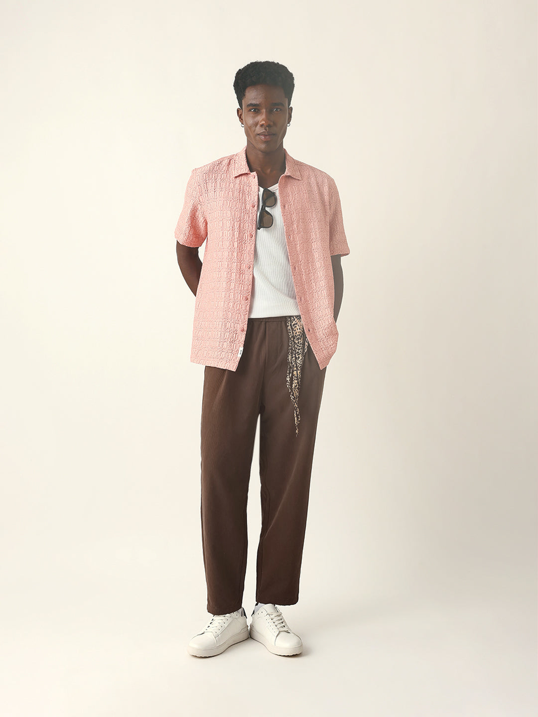 Peach Textured Geometric Relaxed Fit Casual Half Sleeve Shirt