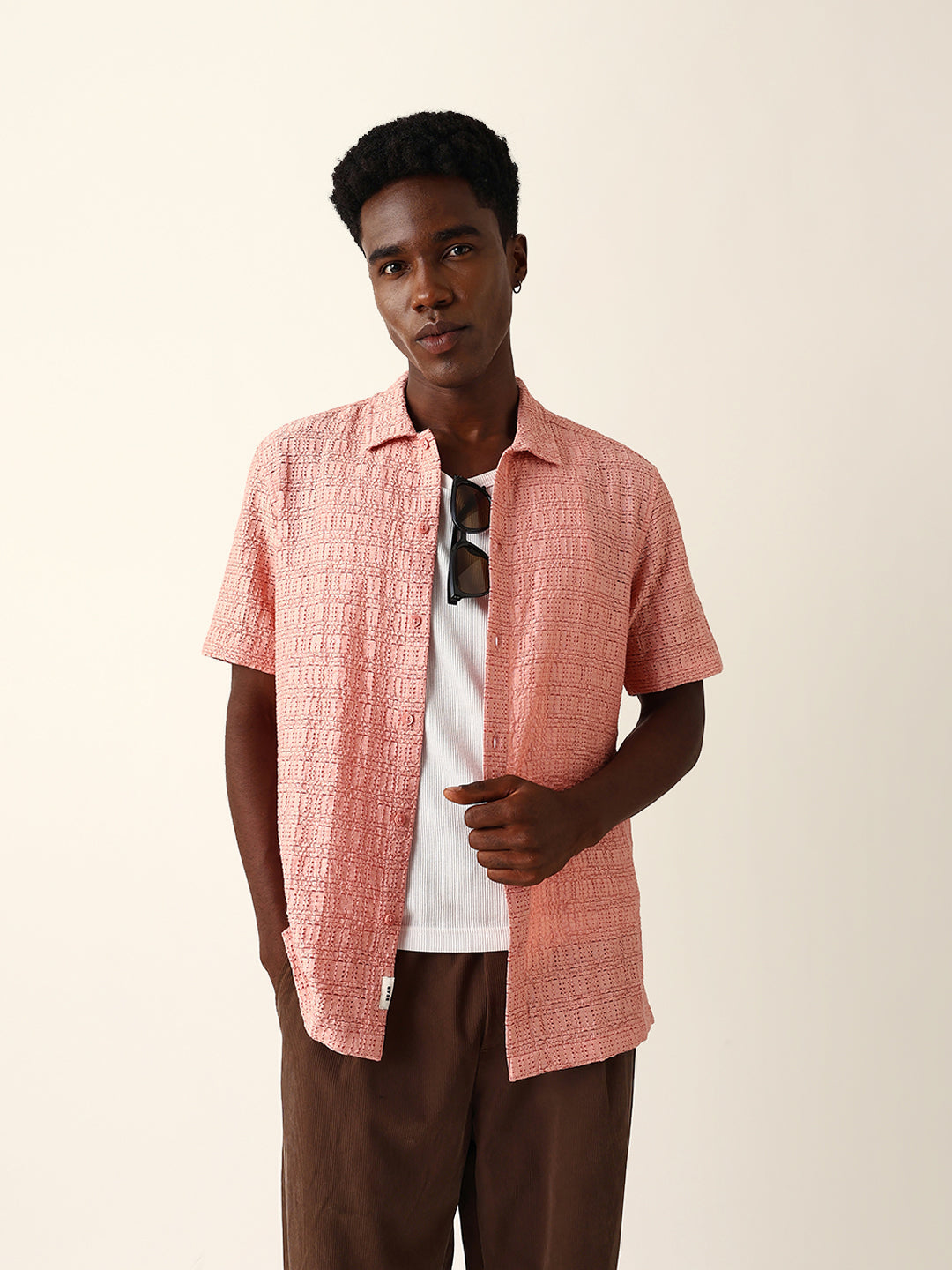 Peach Textured Geometric Relaxed Fit Casual Half Sleeve Shirt