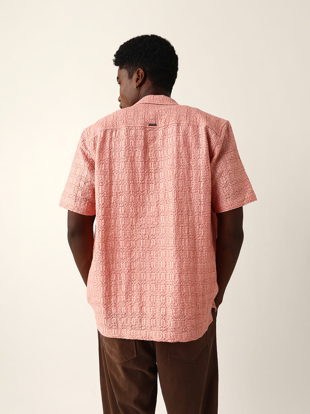 Peach Textured Geometric Relaxed Fit Casual Half Sleeve Shirt