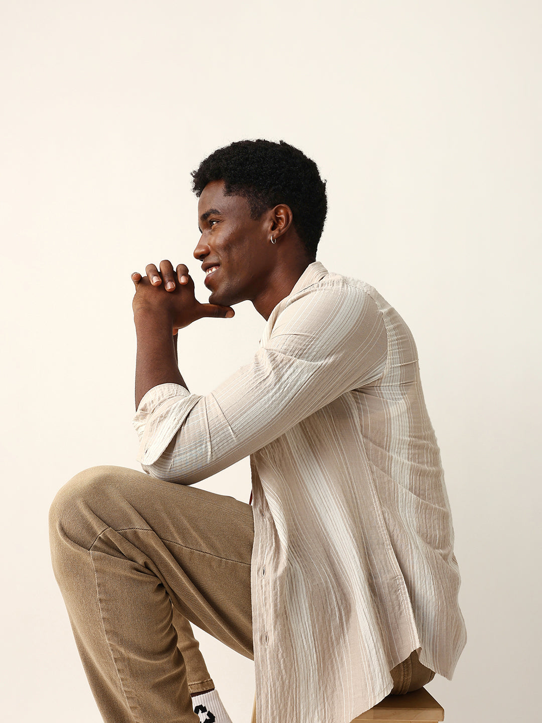 Beige Crinkled Vertical Textured Slim Fit Casual Shirt