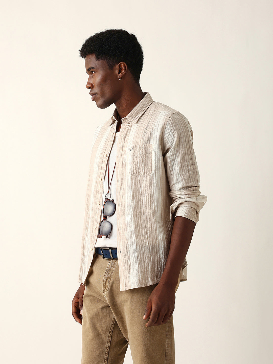 Beige Crinkled Vertical Textured Slim Fit Casual Shirt