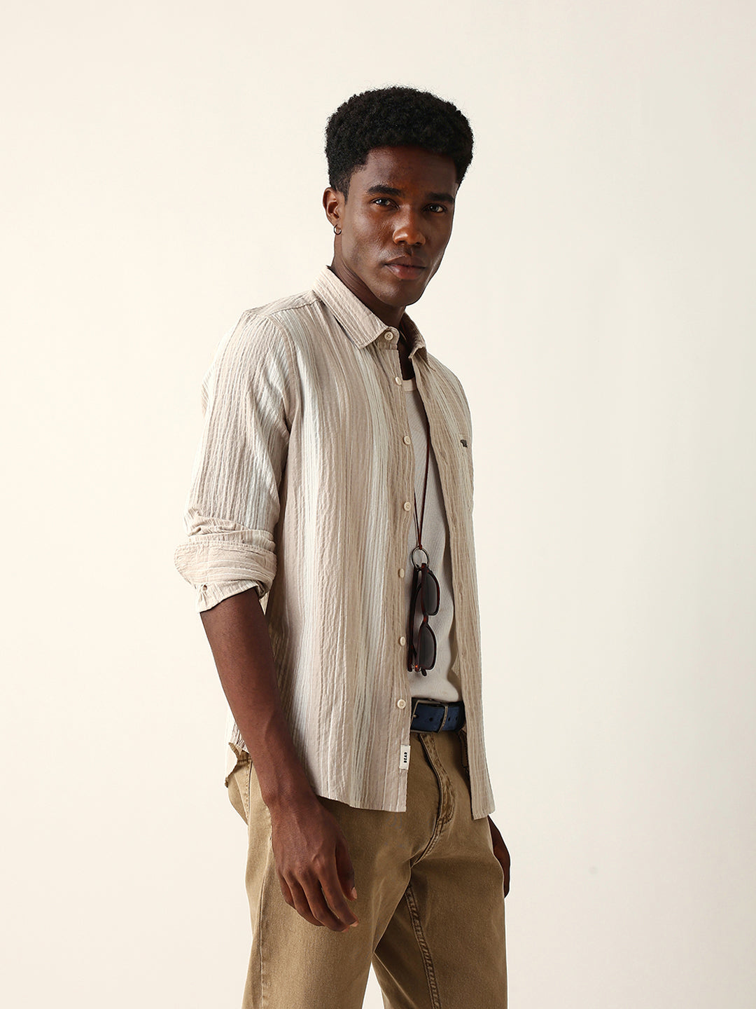 Beige Crinkled Vertical Textured Slim Fit Casual Shirt