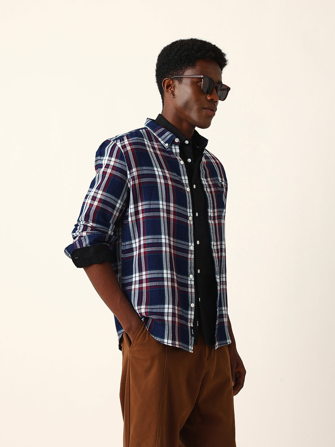 Multicolor Woven Checked Slim Fit Casual Shirt with Button-Down Collar