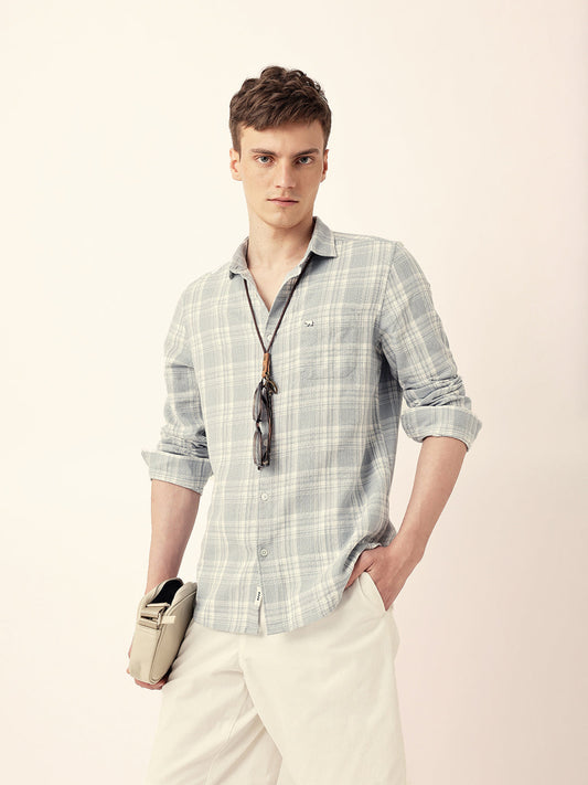 Light Blue Woven Checkered Slim Fit Casual Shirt