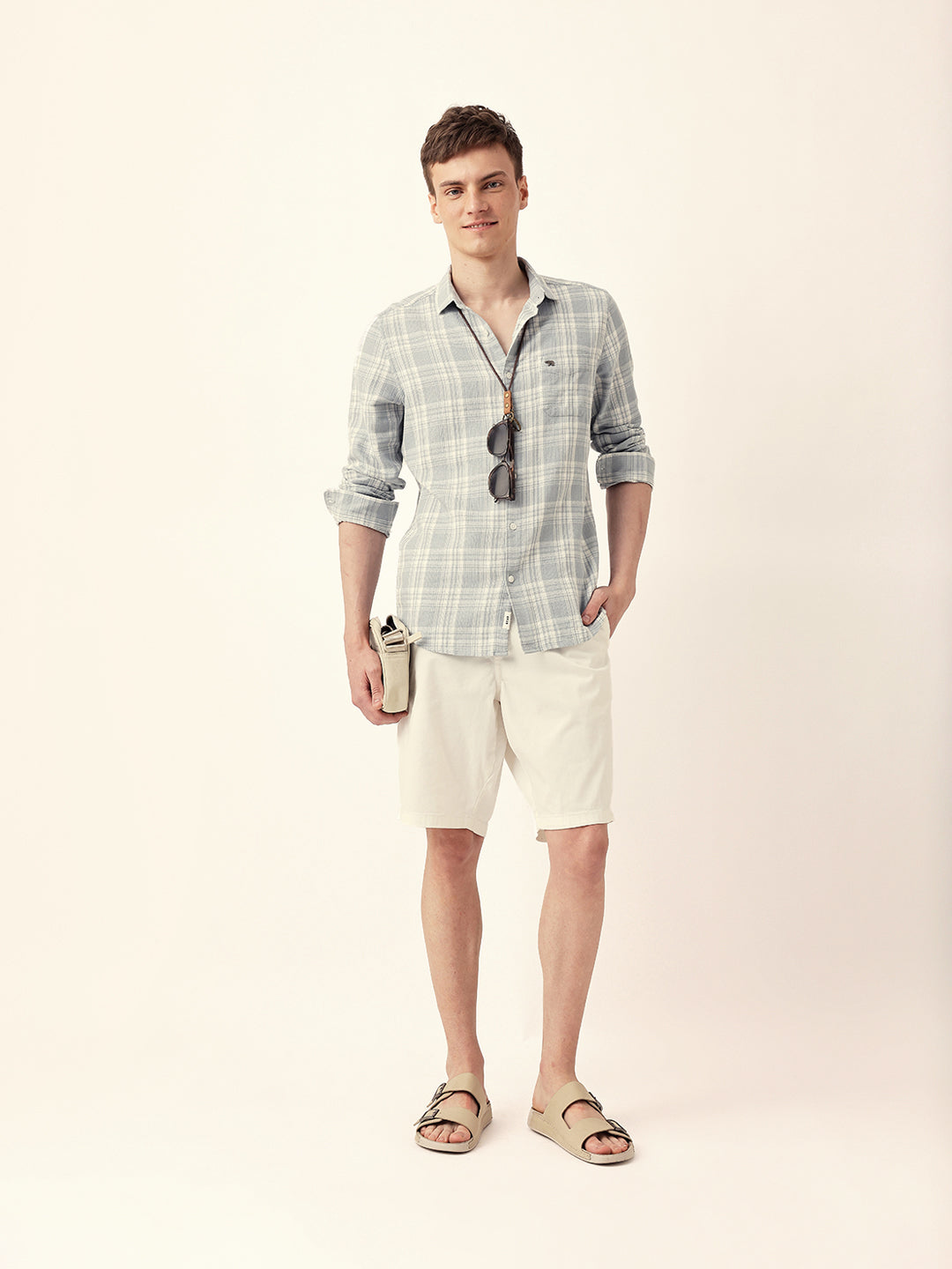 Light Blue Woven Checkered Slim Fit Casual Shirt