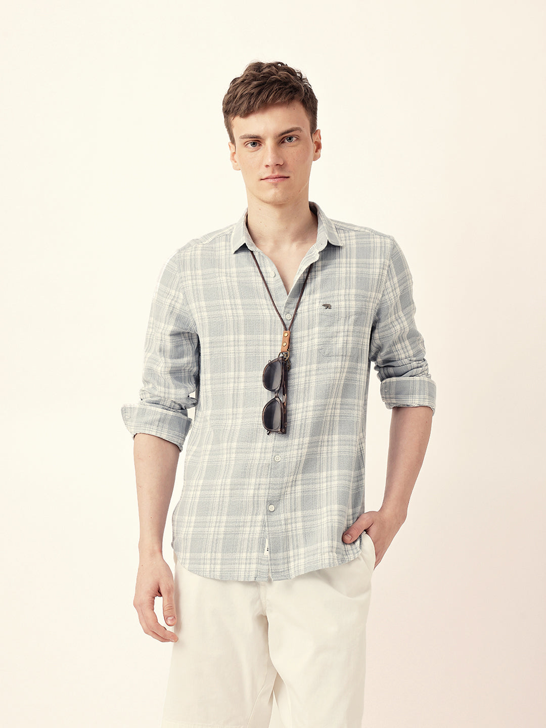 Light Blue Woven Checkered Slim Fit Casual Shirt
