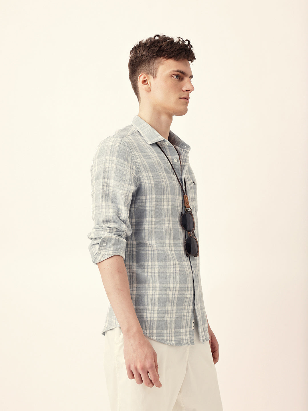 Light Blue Woven Checkered Slim Fit Casual Shirt