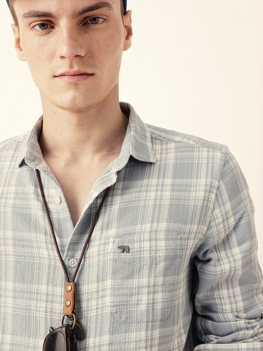 Light Blue Woven Checkered Slim Fit Casual Shirt