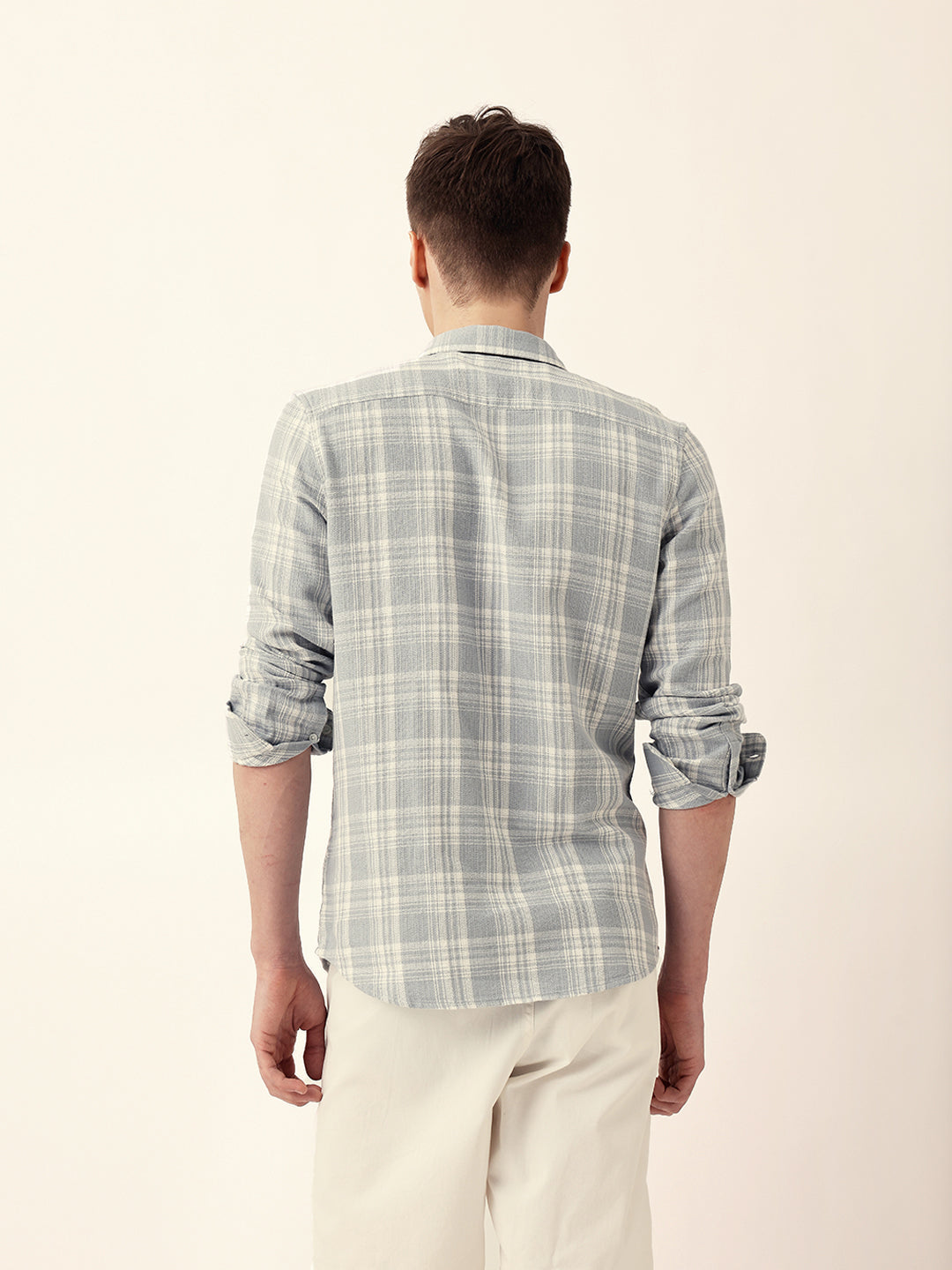 Light Blue Woven Checkered Slim Fit Casual Shirt