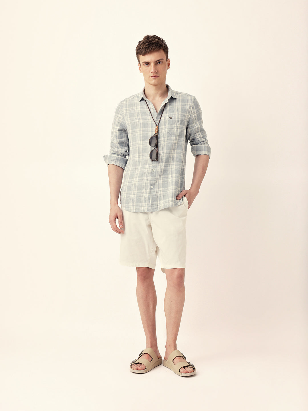 Light Blue Woven Checkered Slim Fit Casual Shirt