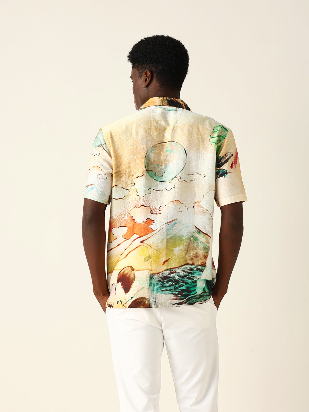 Multicolor Scenic Watercolor Printed Relaxed Fit Short Sleeve Shirt