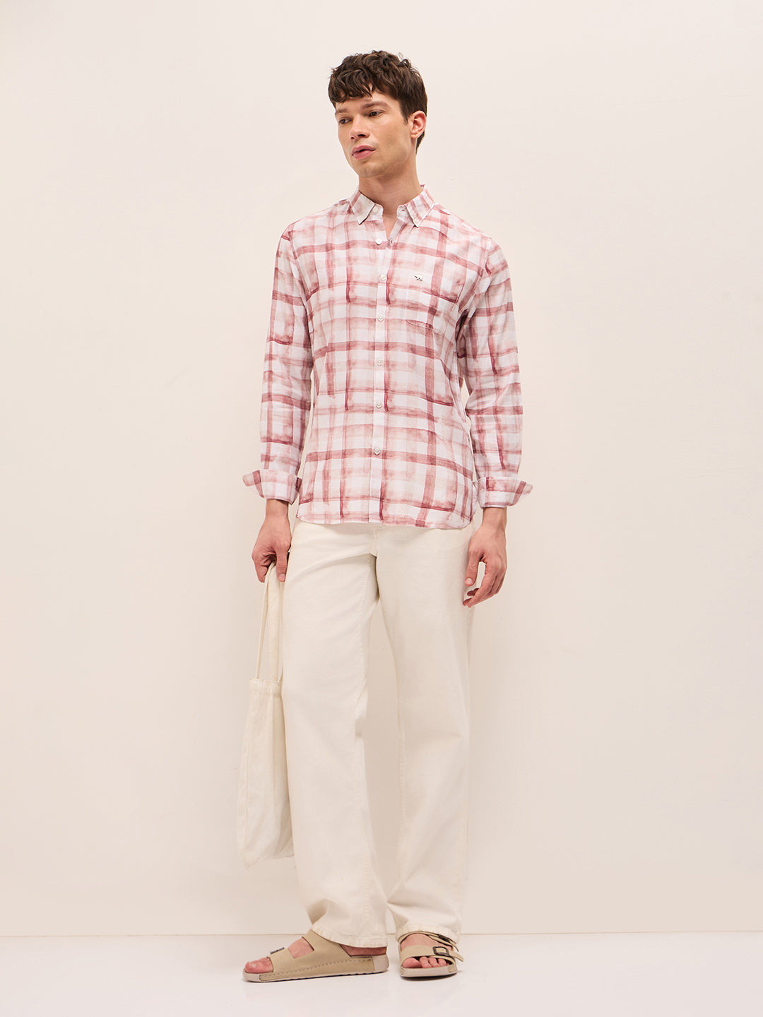 Red & White Slim Fit Casual Shirt with Printed Checks