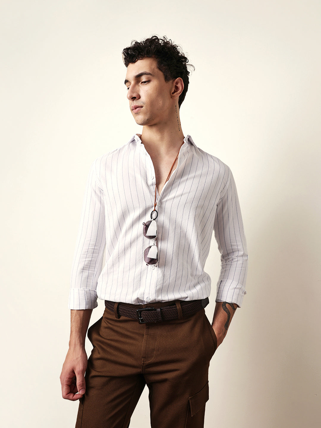 White Vertical Woven Stripe Slim Fit Casual Shirt