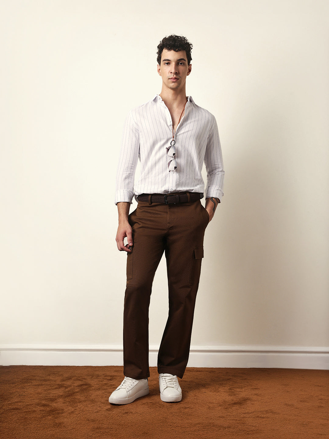 White Vertical Woven Stripe Slim Fit Casual Shirt