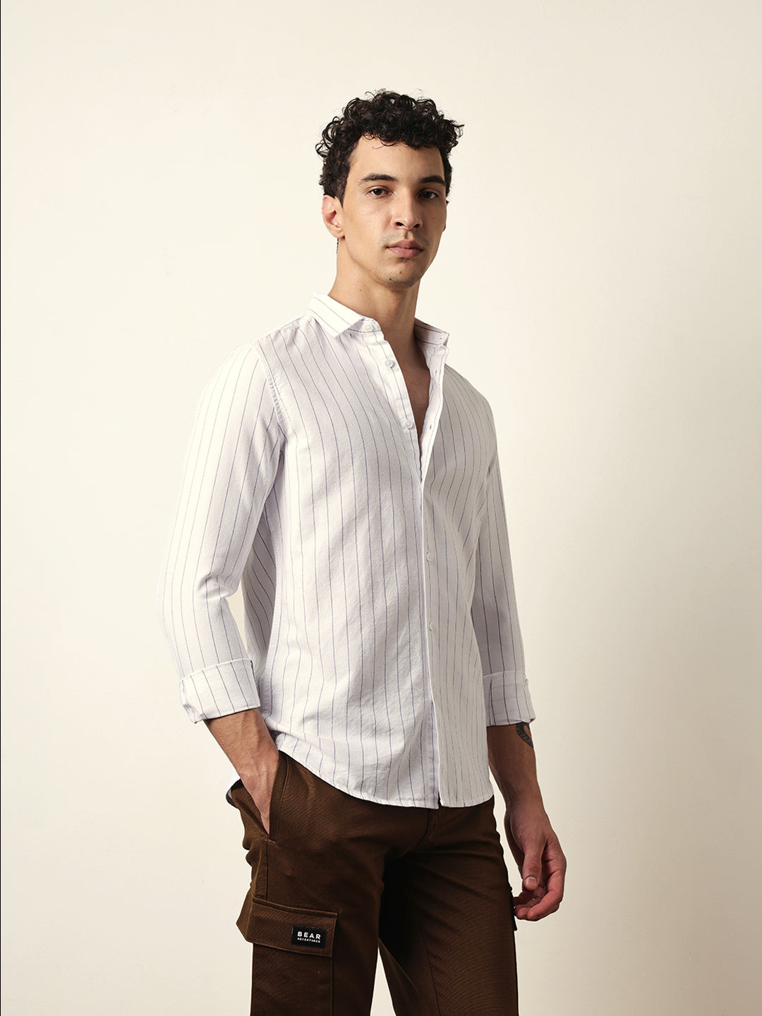 White Vertical Woven Stripe Slim Fit Casual Shirt