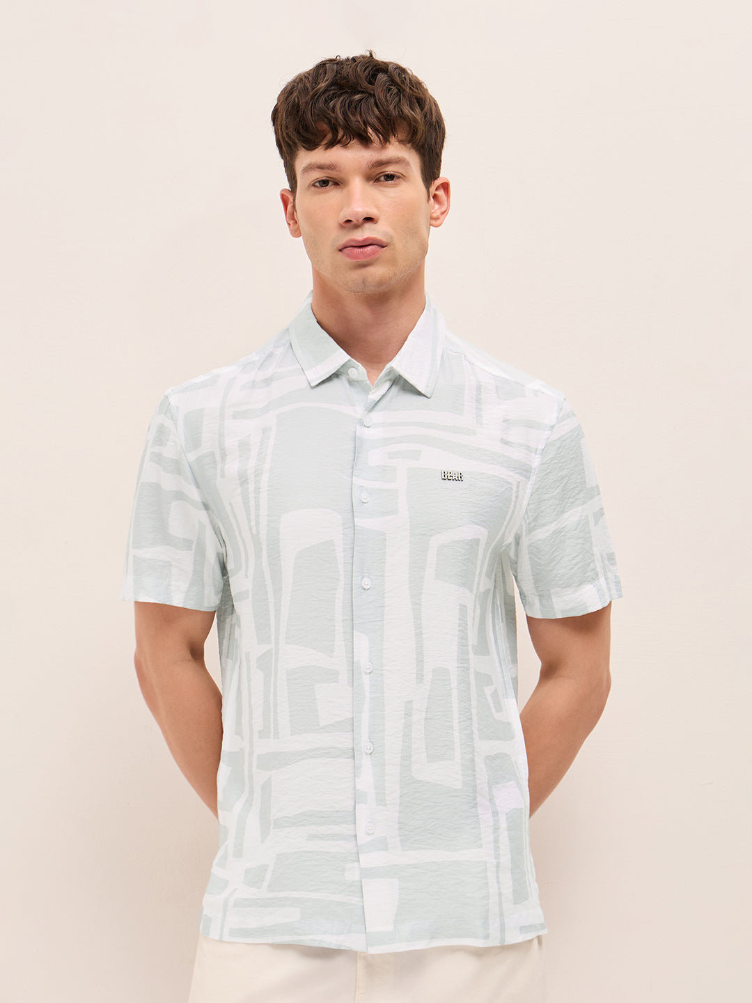 White & Blue Relaxed Fit Abstract Stroke Print Half Sleeve Casual Shirt