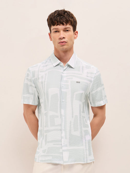 White & Blue Relaxed Fit Abstract Stroke Print Half Sleeve Casual Shirt