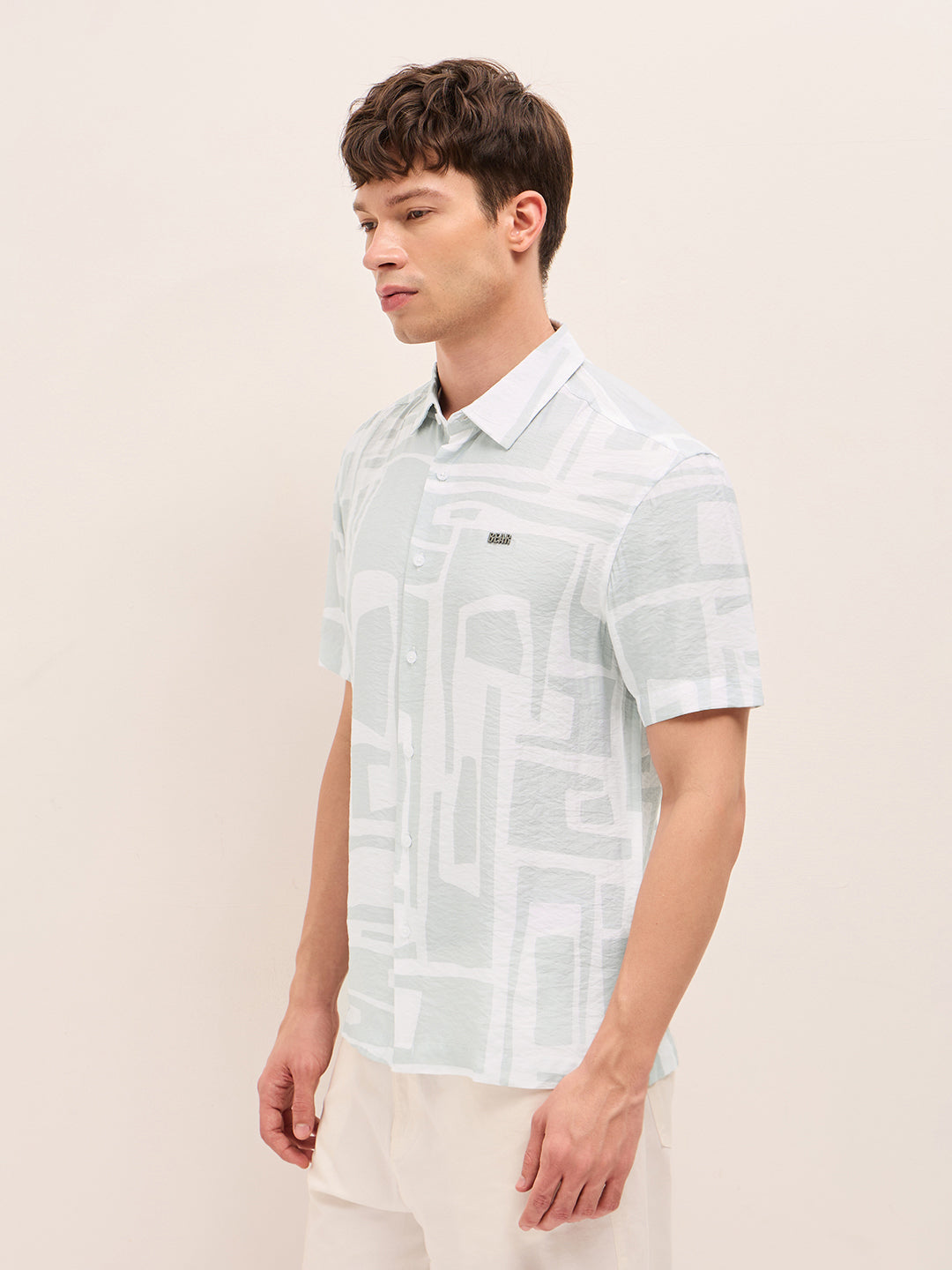 White & Blue Relaxed Fit Abstract Stroke Print Half Sleeve Casual Shirt