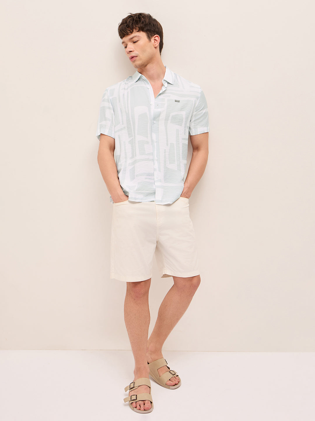 White & Blue Relaxed Fit Abstract Stroke Print Half Sleeve Casual Shirt