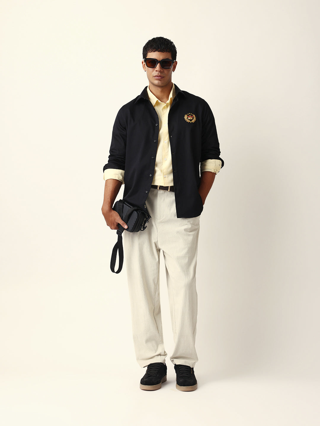 Black Tailored Fit Crest Emblem Embroidered Formal Party Wear Shirt
