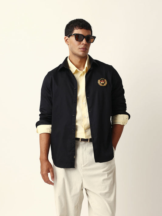 Black Tailored Fit Crest Emblem Embroidered Formal Party Wear Shirt