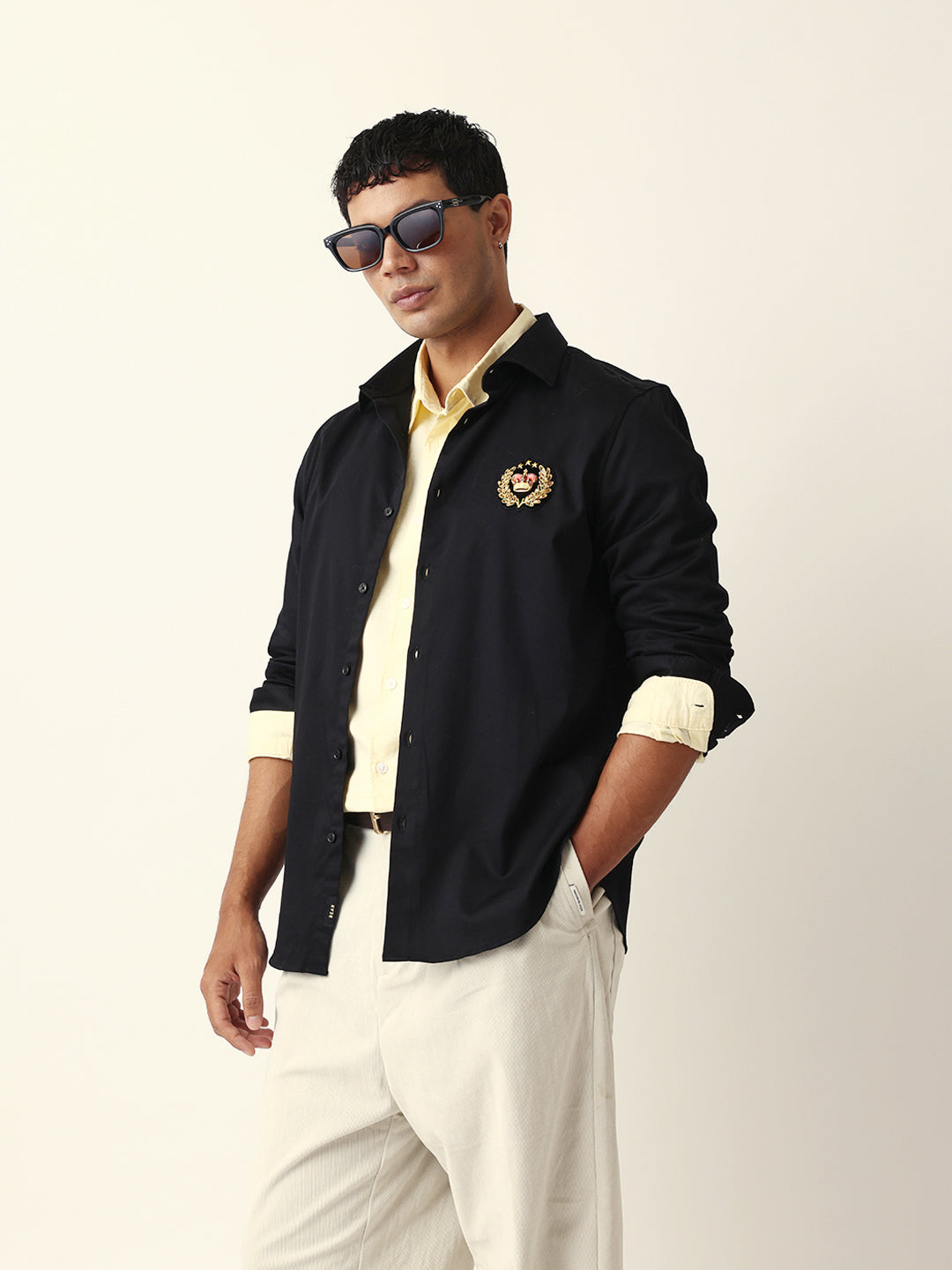 Black Tailored Fit Crest Emblem Embroidered Formal Party Wear Shirt