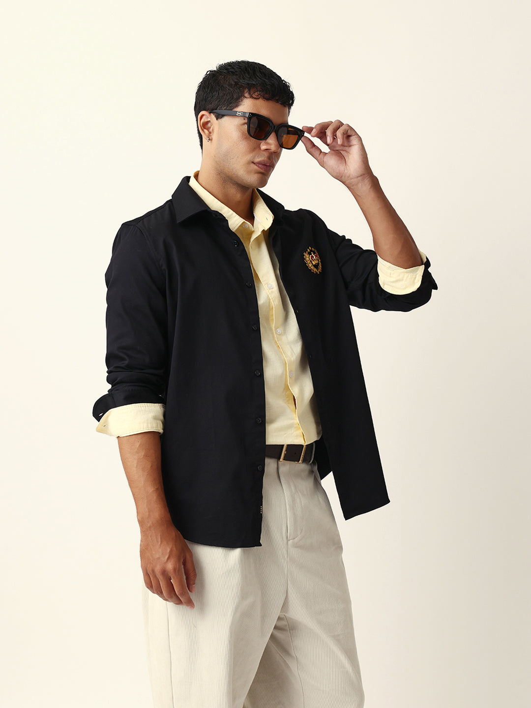 Black Tailored Fit Crest Emblem Embroidered Formal Party Wear Shirt